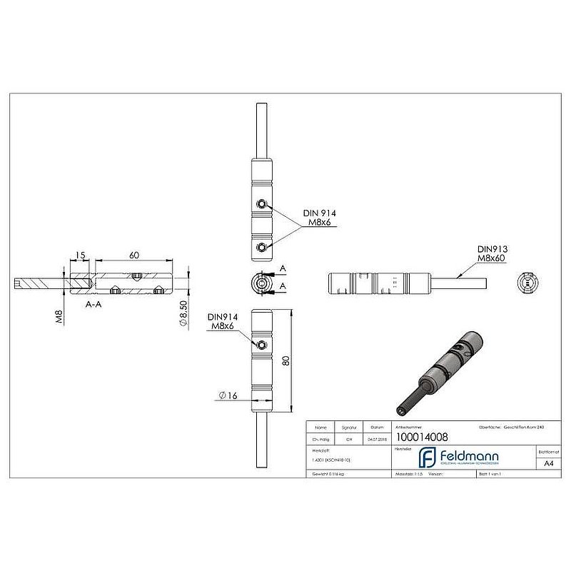 Gewindeterminal zur Selbstmontage, für 8mm Seil, V2A