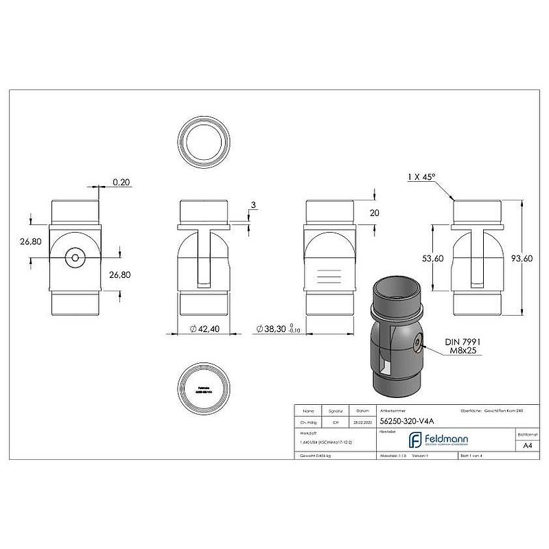 Joint piece, for tube 42.4x2.0mm, AISI316