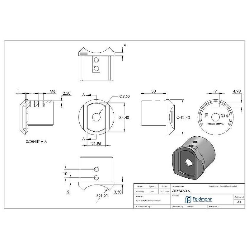 Adapter for grooved tube connection 42.4 mm, AISI316