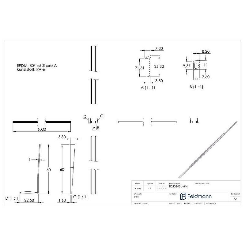 Kit de montage pour profilé aluminium de 6m pour verre 20,76-21,52mm