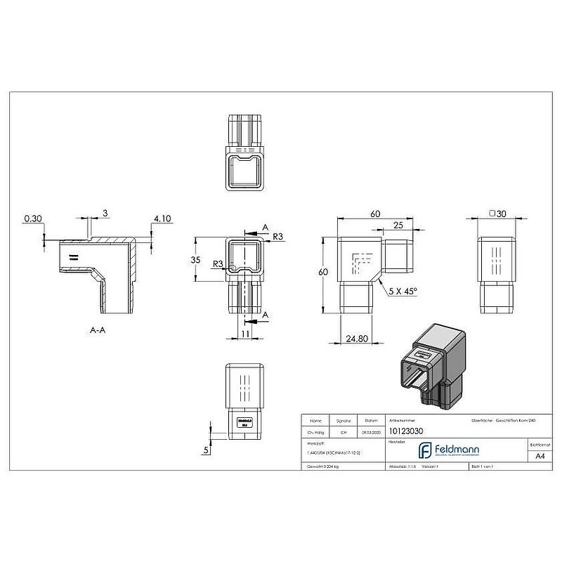 Connector 90° for tube 30x30x2.00mm, AISI316