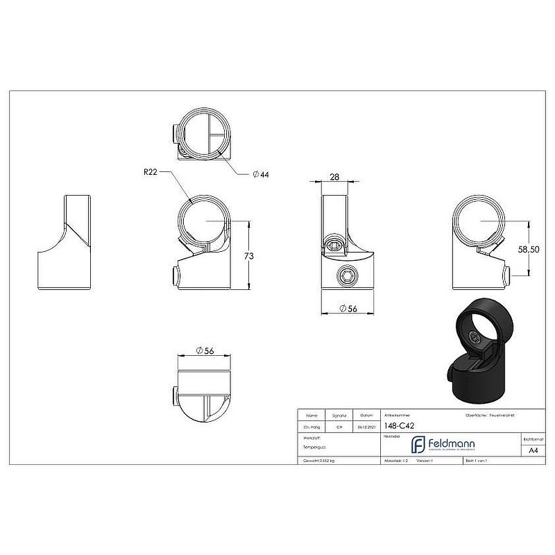Raccord articulé, réglable, pour tube Ø 42,4mm