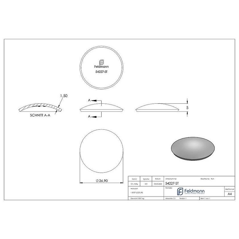 Coquille semi-sphérique 26,9x1,5mm, H : 5mm