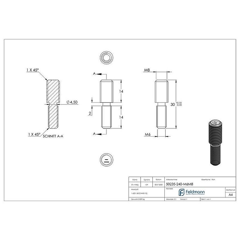 Gewindeadapter von M6 auf M8, V2A