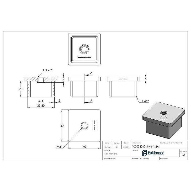 Einsteckkappe, für Rohr 40x40x3,0mm, V2A