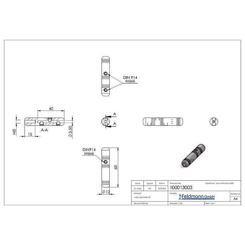 Threaded terminal for self-assembly, for 3mm cable, AISI304