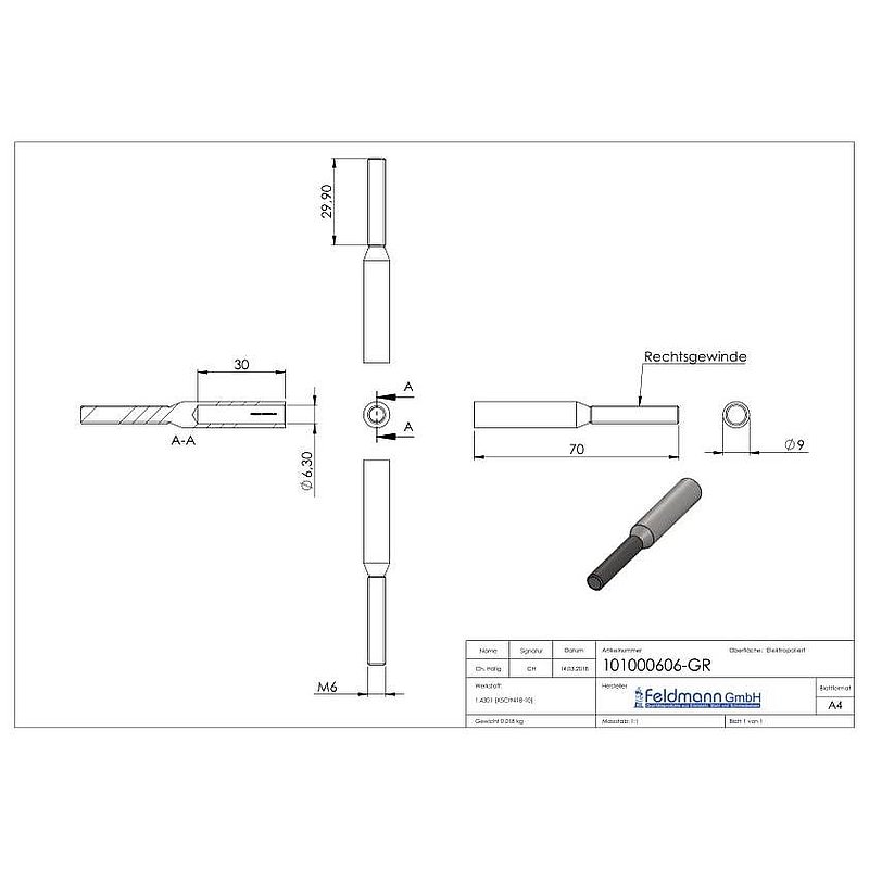 Embout fileté à sertir pour câble 6mm, V2A