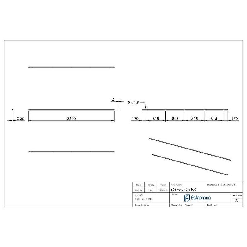 Laufschiene für Glasschiebetüren, L: 3600mm, V2A