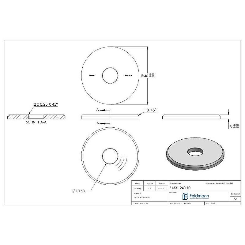Washer 40x3mm with chamfer, bore 10.5mm, AISI304