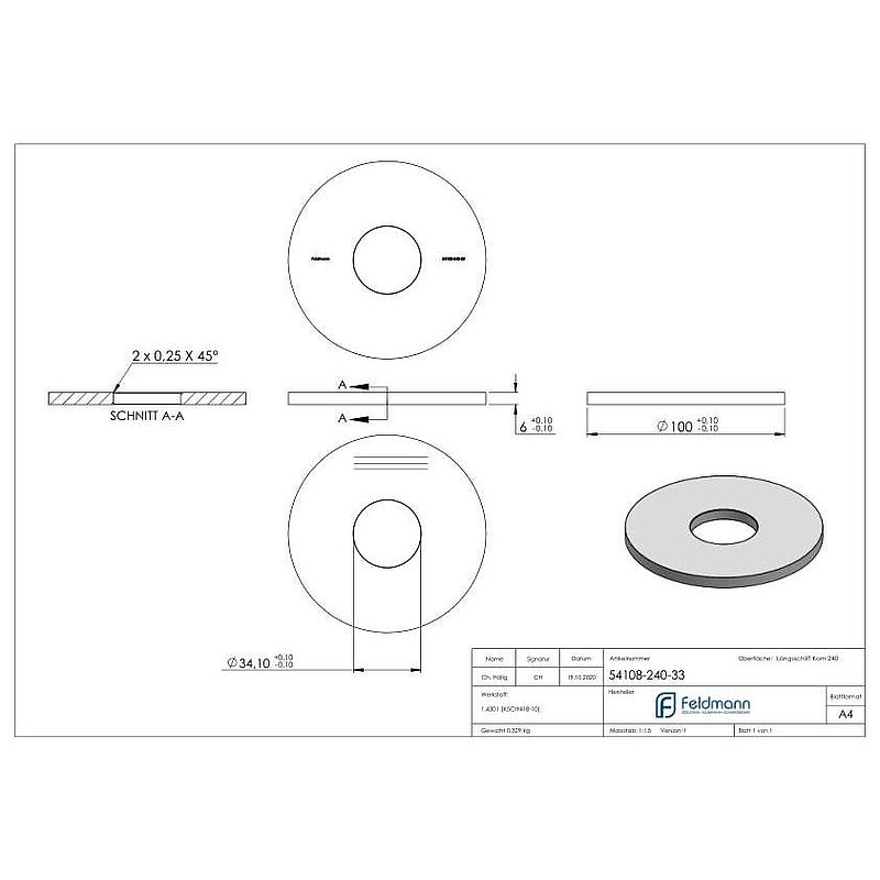 Ankerplatte Ø 100x6mm, mit Längsschliff, V2A