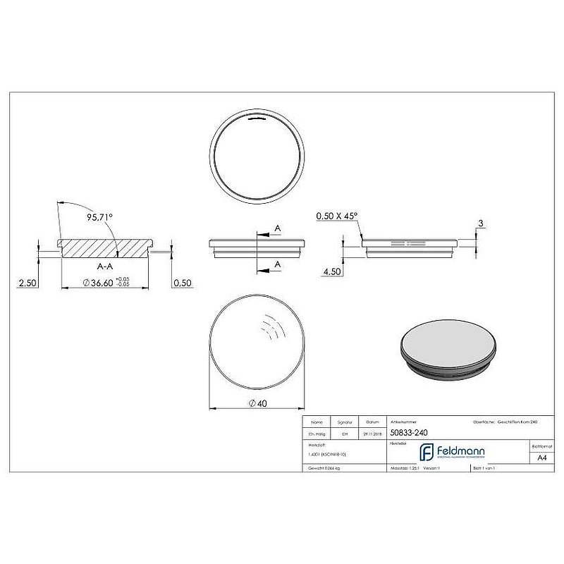 Rohrabschlussstopfen, für Rohr 40,0x2,0mm, V2A