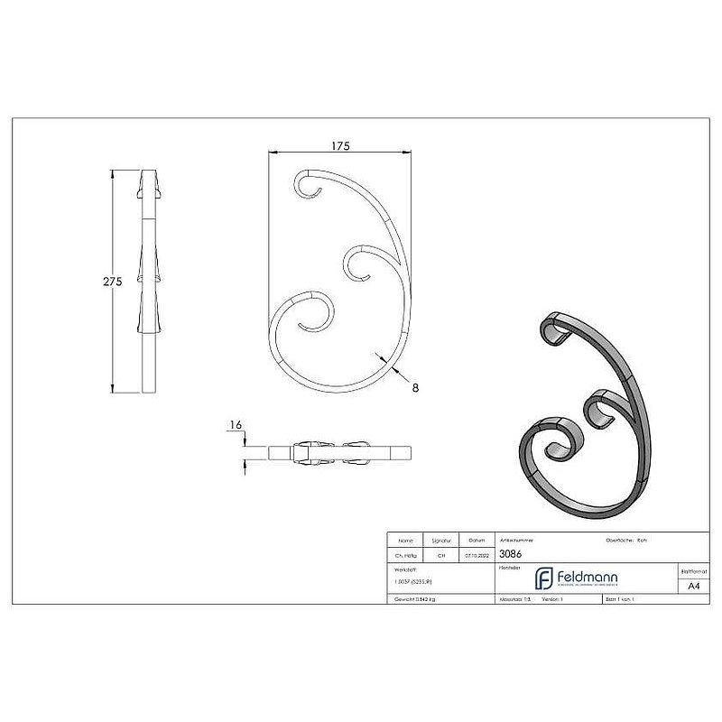 C-Schnecke 16x8mm, 275x180mm, einseitig