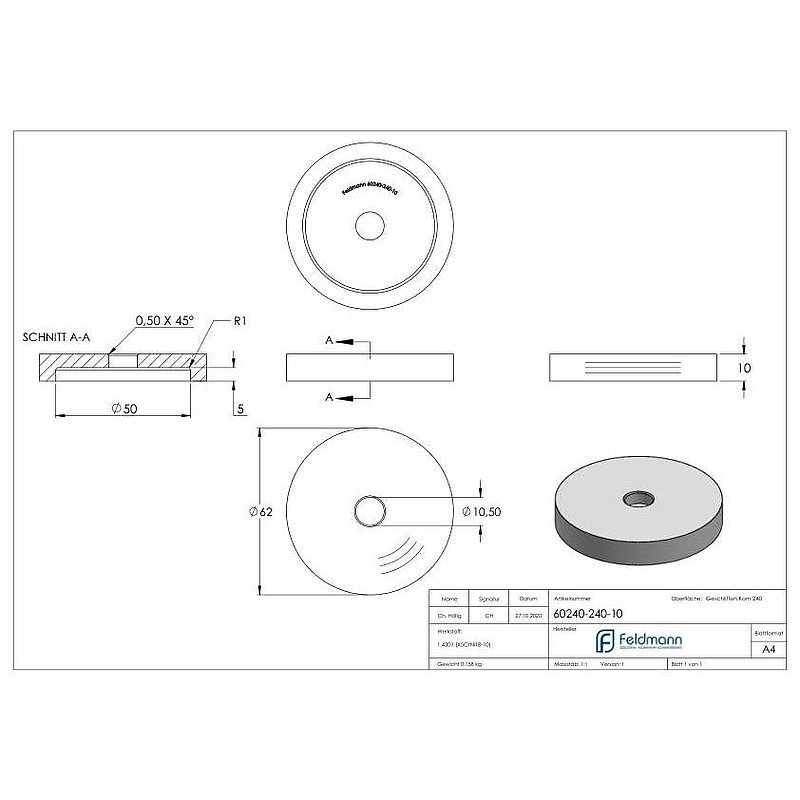 Partie inférieure pour point de fixation 62mm, ép.: 10mm, V2A