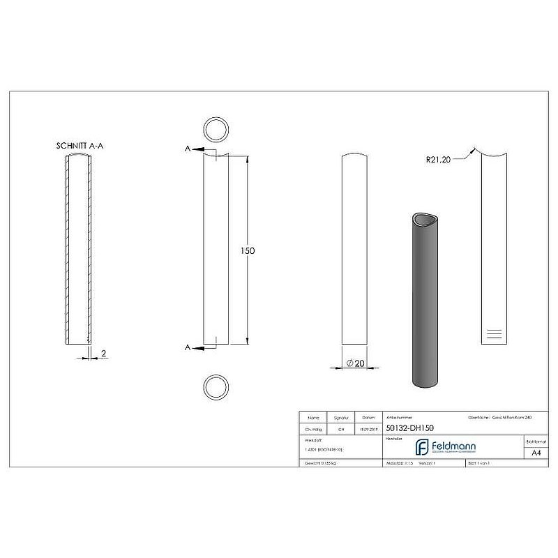 Spacer sleeve, L: 150mm, for 42.4mm, AISI304