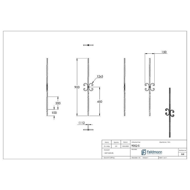 Zierstab 12x12mm, glatt, H: 900mm