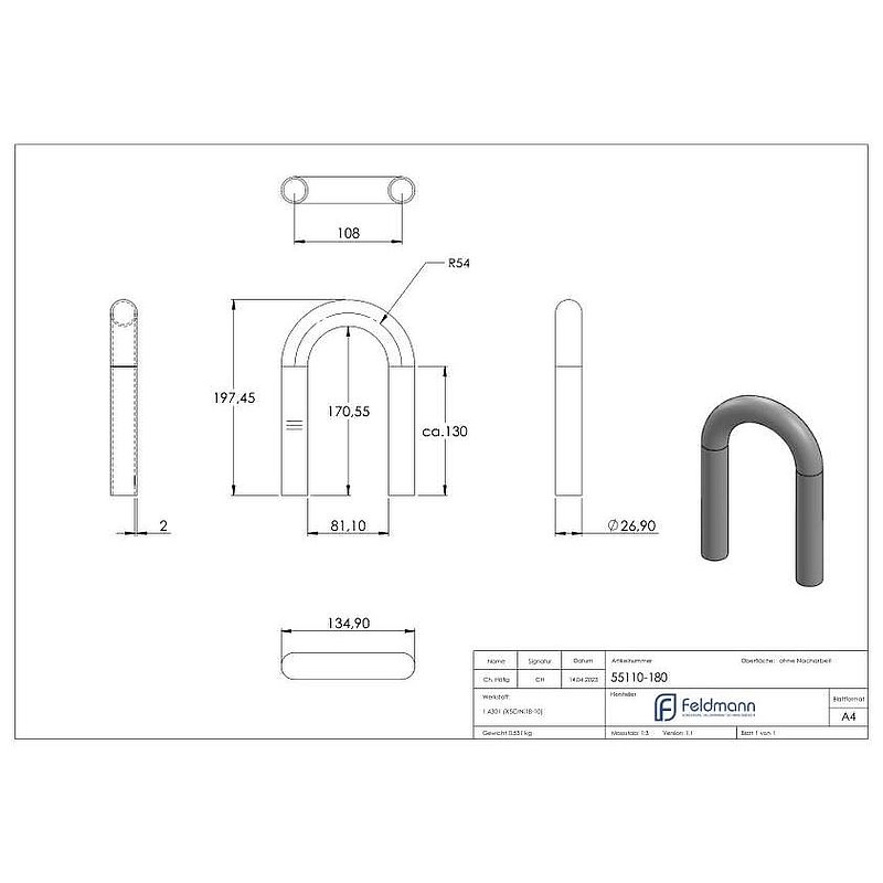 Tube coudé à 180°, en tube de Ø 26,9, ép. 2,0mm, V2A