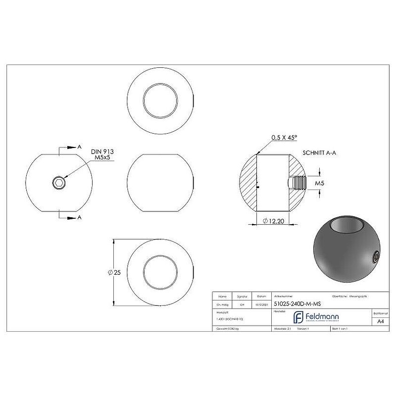 Boule laiton pleine Ø 25mm avec trou de passage Ø 12,2mm
