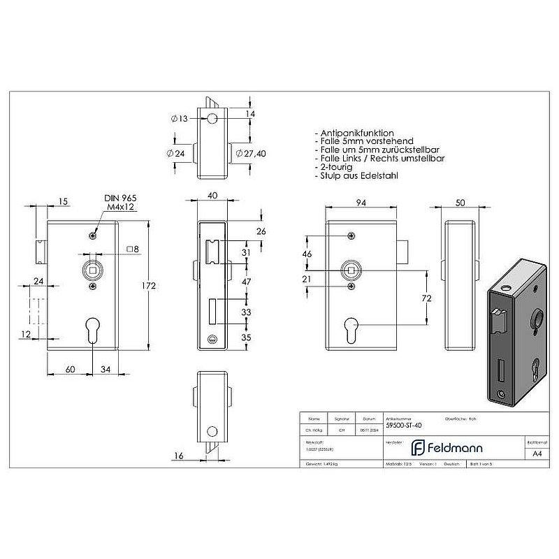 Serrure anti-panique avec boîtier de serrure 40 x 94 x 172mm, avec fonction de changement E, DIN R &
