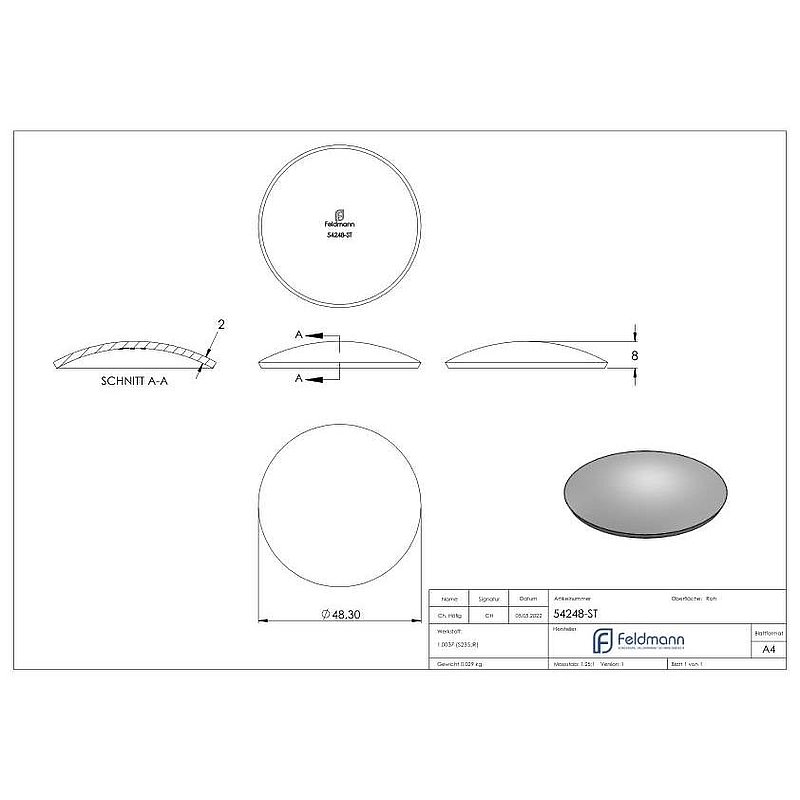Halbrundschale 48x2,0mm, H: 8mm