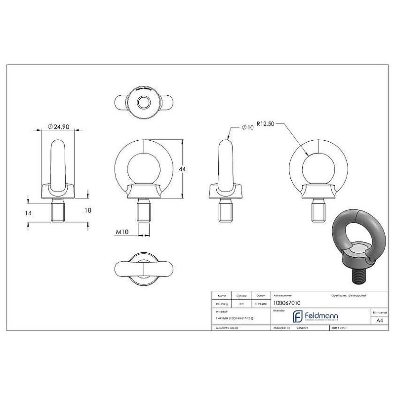 Ringschraube mit Außengewinde DIN 580, Rundeisen: 10mm, V4A