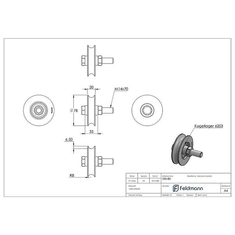 Schiebetorrolle 78mm mit Rundrille 15mm