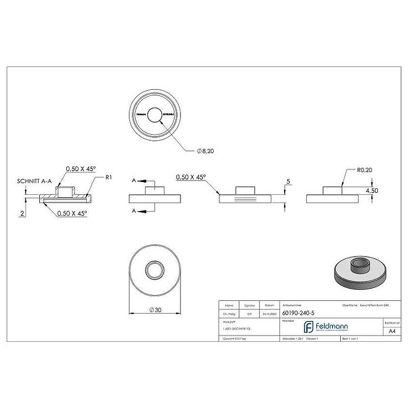 Lower part Ø 30mm, with through-hole, D:5mm, AISI304