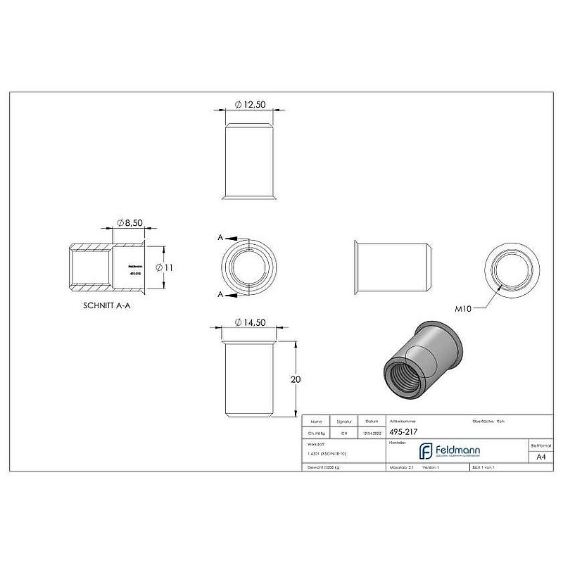 Blind-Einnietmutter, V2A M10/Loch 13mm, V2A