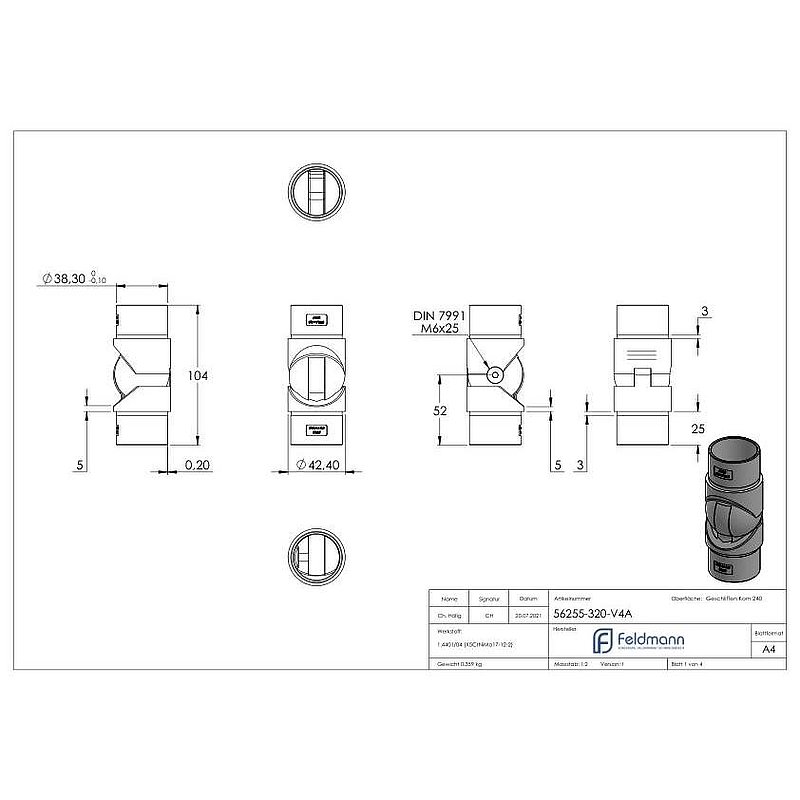 Hollow joint for cable, for tube 42.4x2.0mm, AISI316