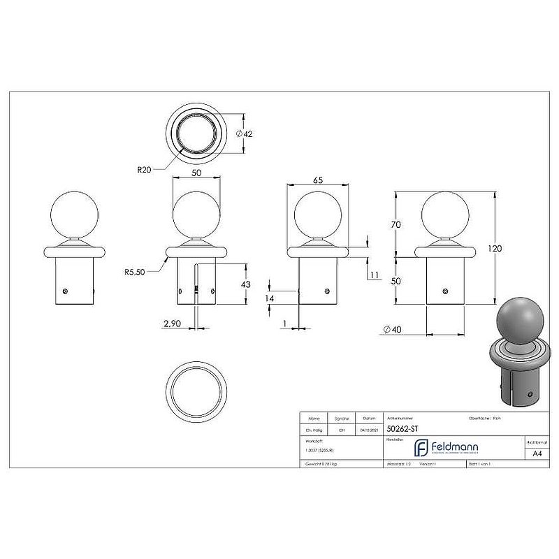Kugelrohrknopf Eisen für 48,3mm