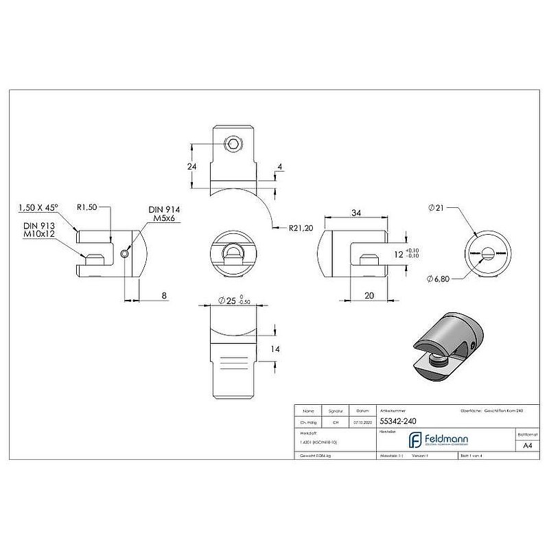 Plate holder for tube 42.4 mm, AISI304