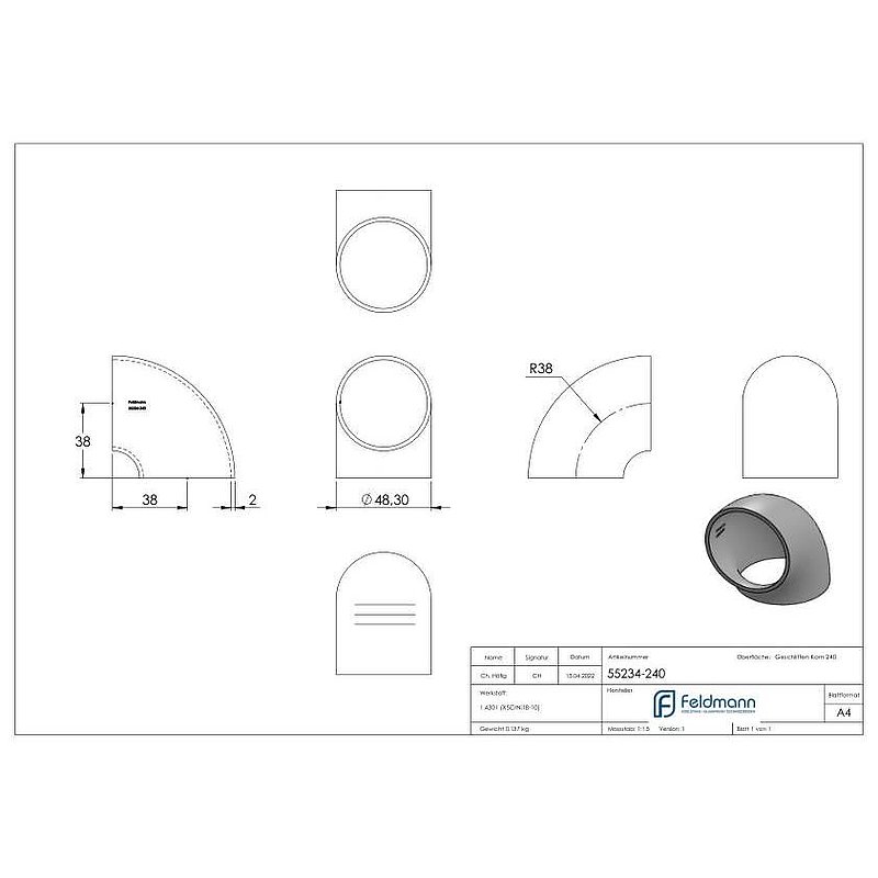 Schweißbogen 90°, 48,3 x 2,0mm, Bauart 2, V2A