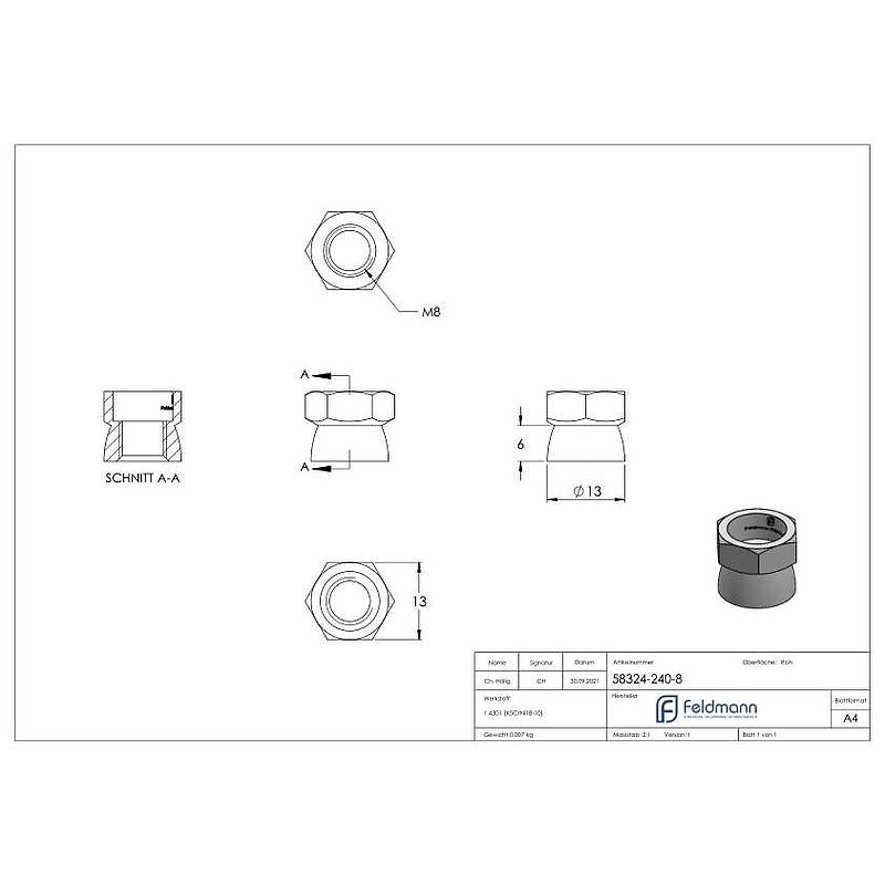 Shear nut M8x6, A1/A2