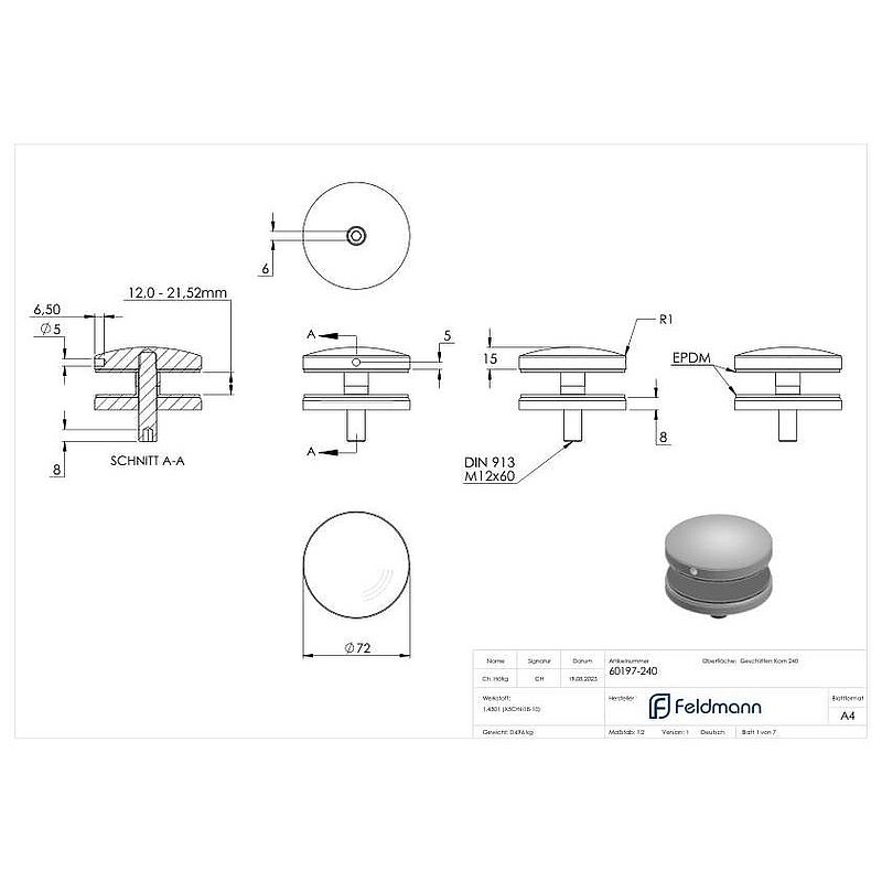 Point de fixation 72mm, jonction plate, V2A