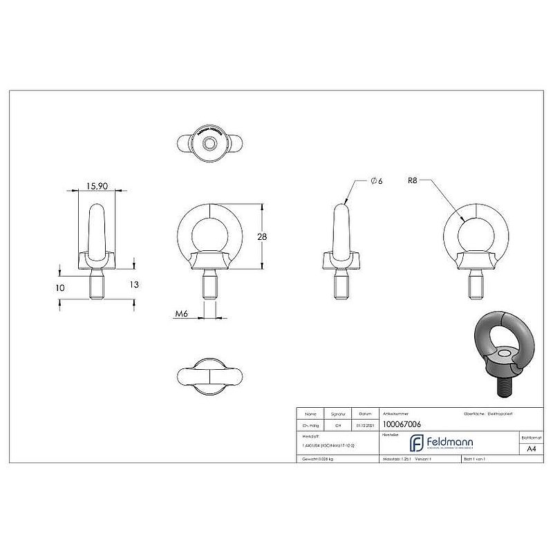 Anneau de levage fileté M6 DIN 580, fer rond : Ø 6mm, V4A