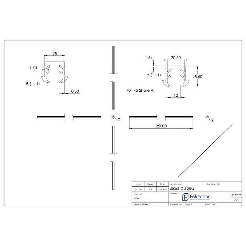 Keildichtung Glas 11,52 - 13,52mm, für Nut 24x24mm, 25m, EPDM