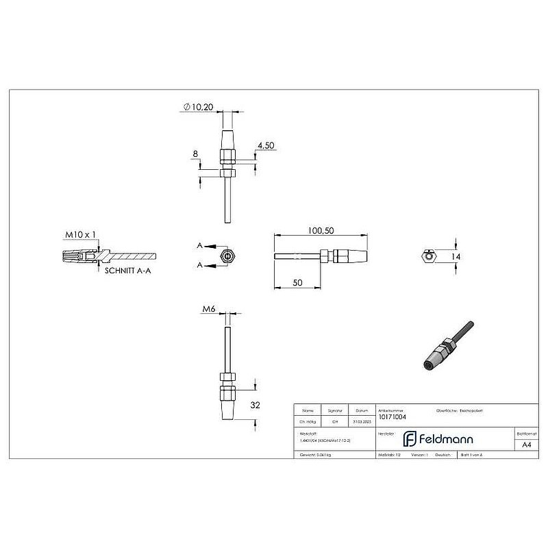 Gewindeterminal zur Selbstmontage für Seil Ø 4mm und Gewinde M6, V4A