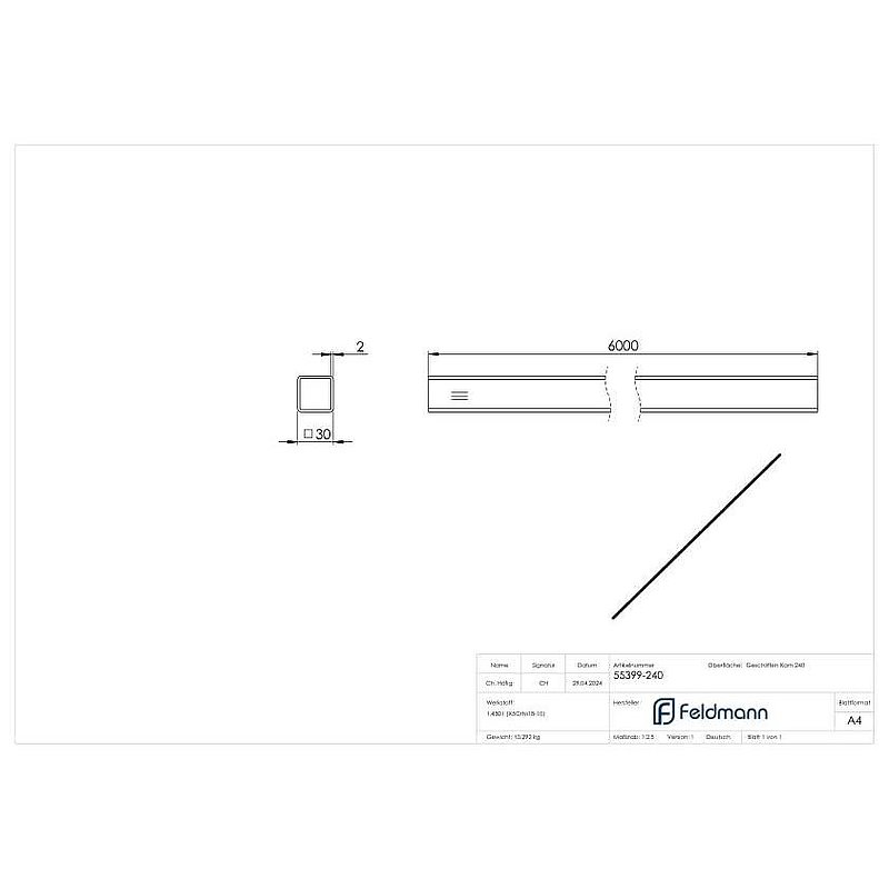 Quadratrohr, 30x30x2,0mm, L: 6000mm, V2A