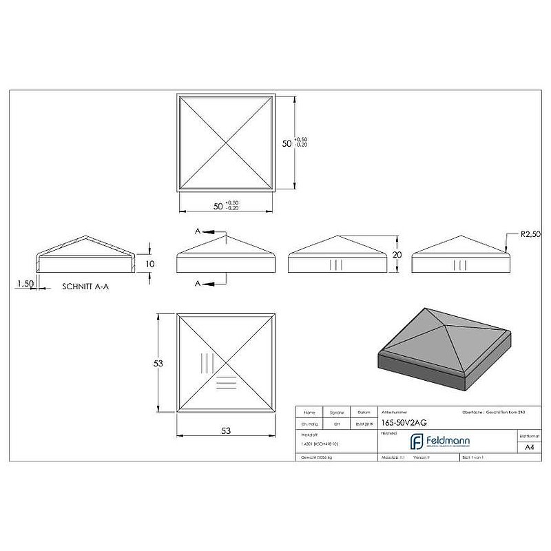 Pyramidenkappe, für Rohr 50x50mm, V2A