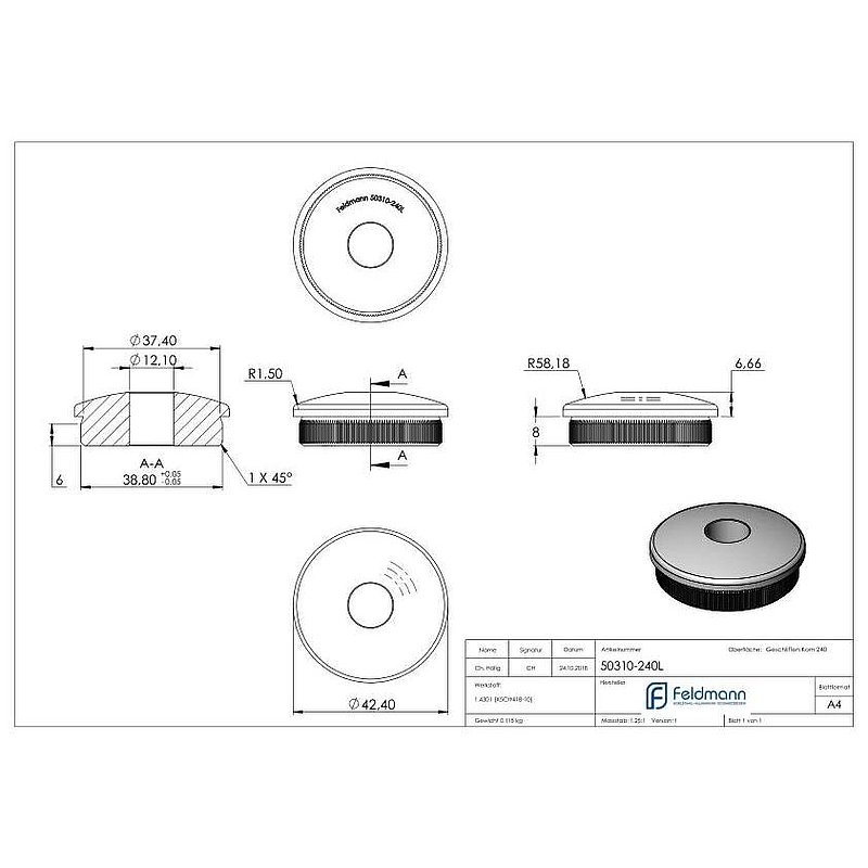 Bouchon pour extrémité de tube, pour tube 42,4x2,0mm, V2A