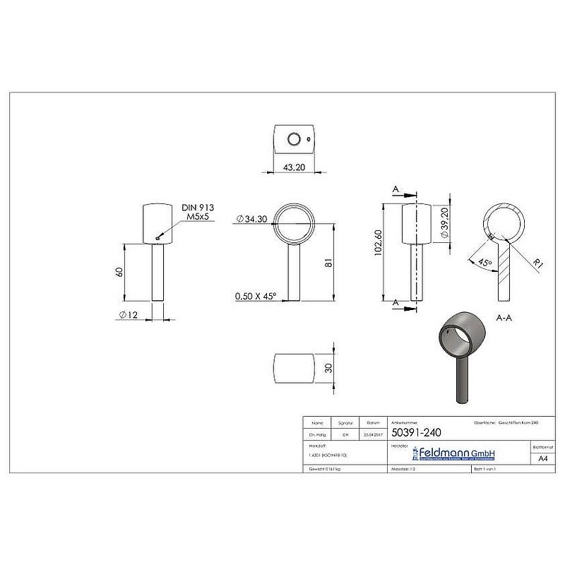 Handlaufhalterring für Rohr 33,7mm, V2A