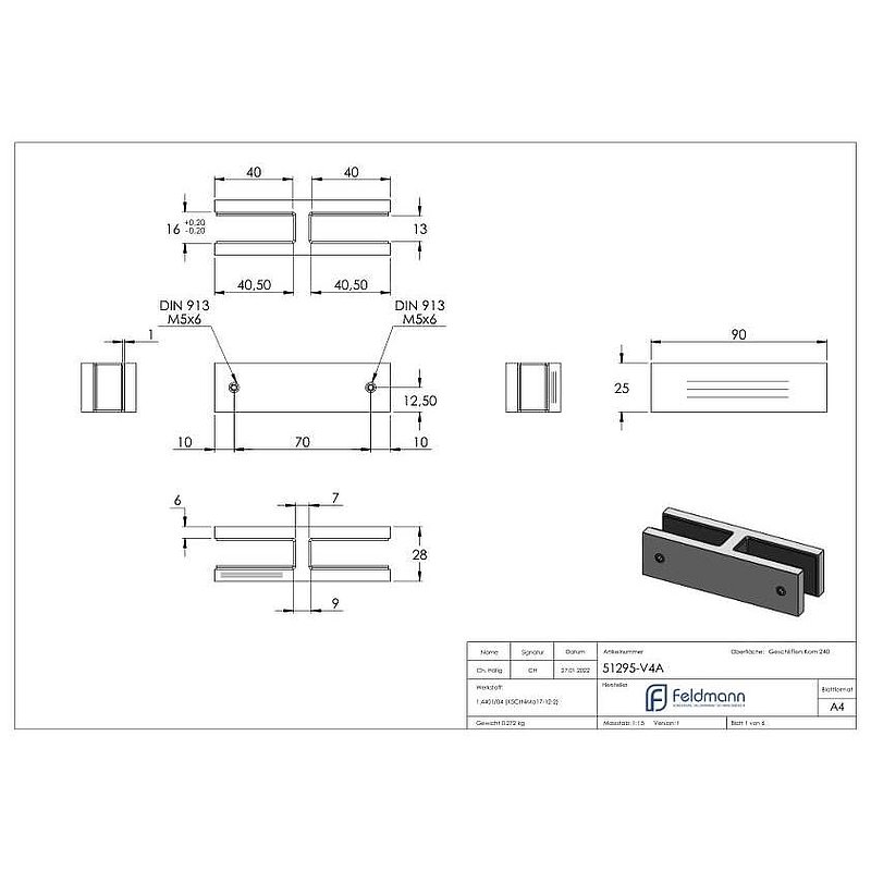 Glasverbinder, für Glas 12 - 12,76mm, V4A