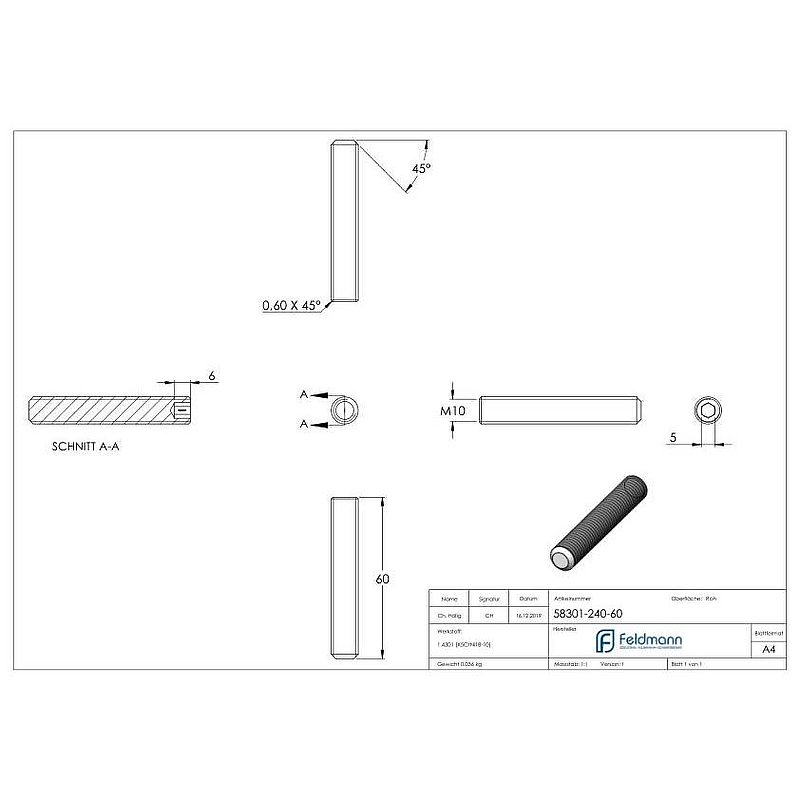 Gewindestift M10x60, V2A, DIN 913 / ISO 4026