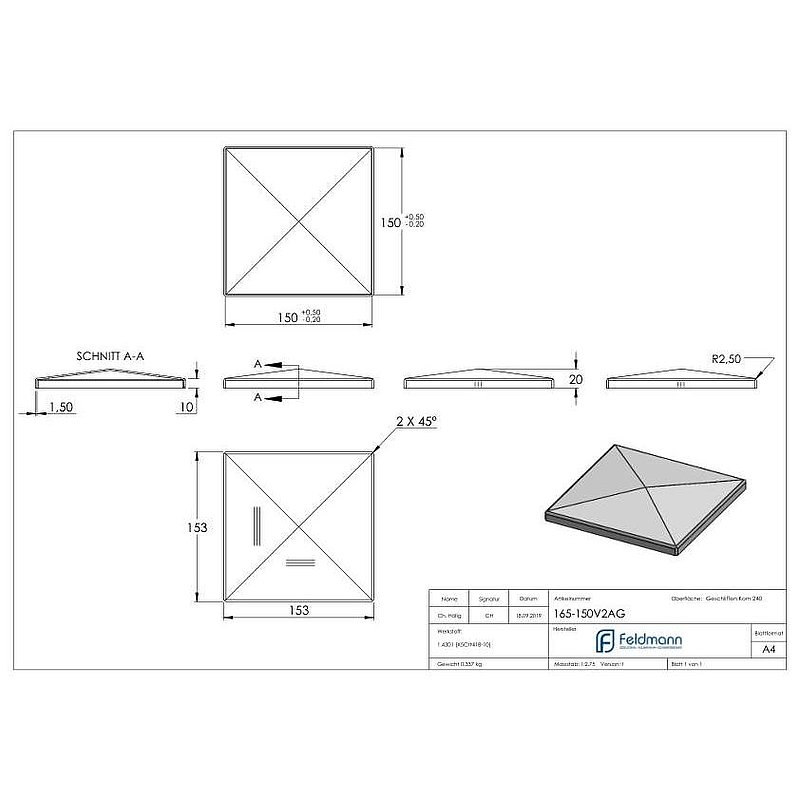 Pyramidenkappe, für Rohr 150x150mm, V2A