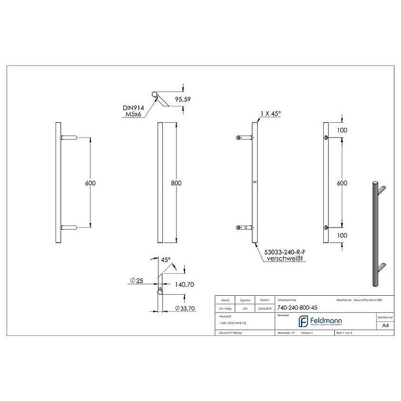 Push handle incl. holder with 45° bevel 45° with L: 800mm, AISI304