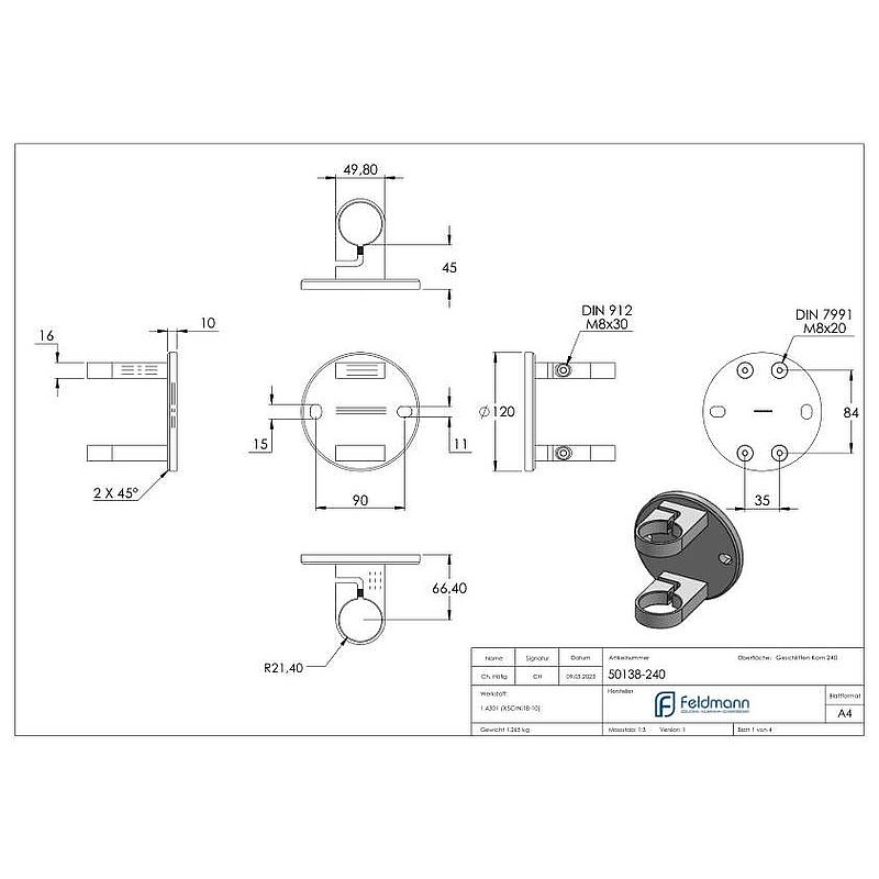Wandbefestigung für Geländerpfosten 42,4mm, V2A