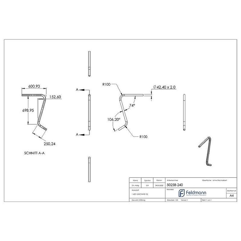 Gooseneck starter, made of tube 42.4x2.0mm, AISI304