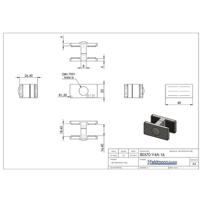 Glass leveller for all-glass railings, for glass 16.76 - 17.52 mm
