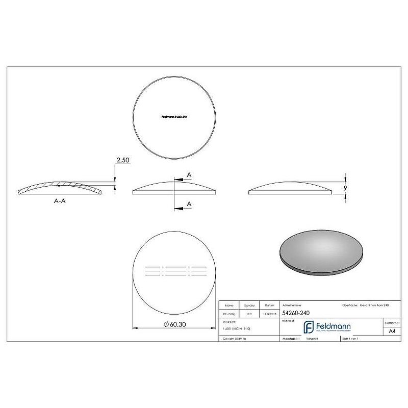 Gewölbte Schale Ø60,3x2,5mm, H: 9mm, V2A
