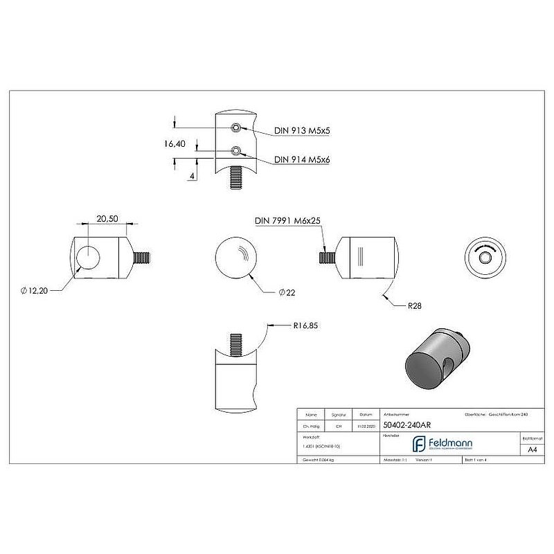 Cross bar holder for 33.7 mm tube, blind hole right 12.2 mm, AISI304