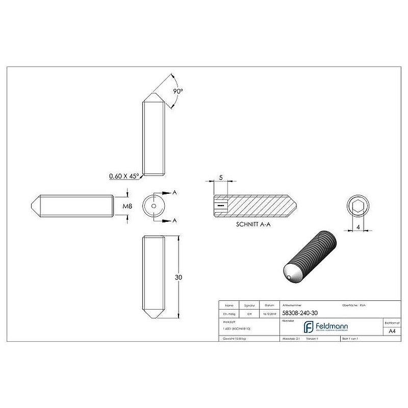 Gewindestift M8x30, V2A, DIN 914 / ISO 4027